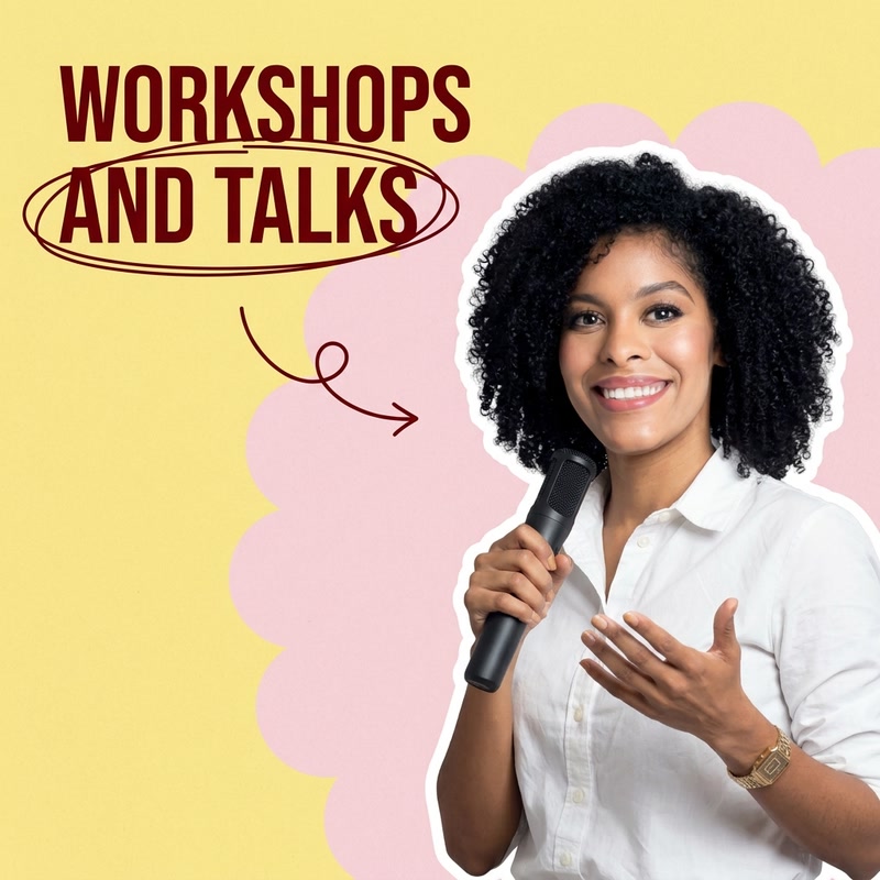 Janizbel Ferrera with a microphone, workshops and talks on financial education